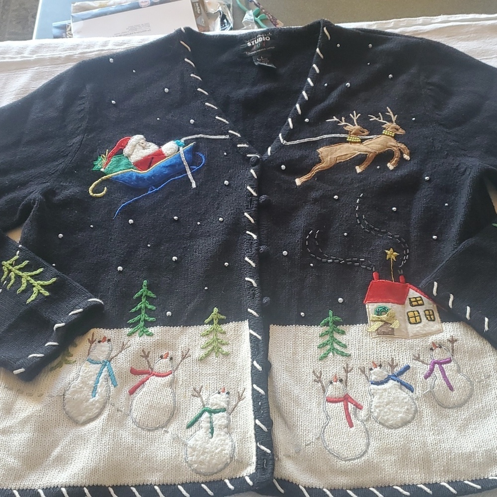 Designers Originals Studio‎ Joy Christmas Sweater Women Sz L Button Up Cardigan